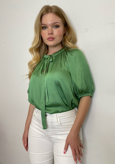 The Pink Door Open Neck Silky Blouse - Green