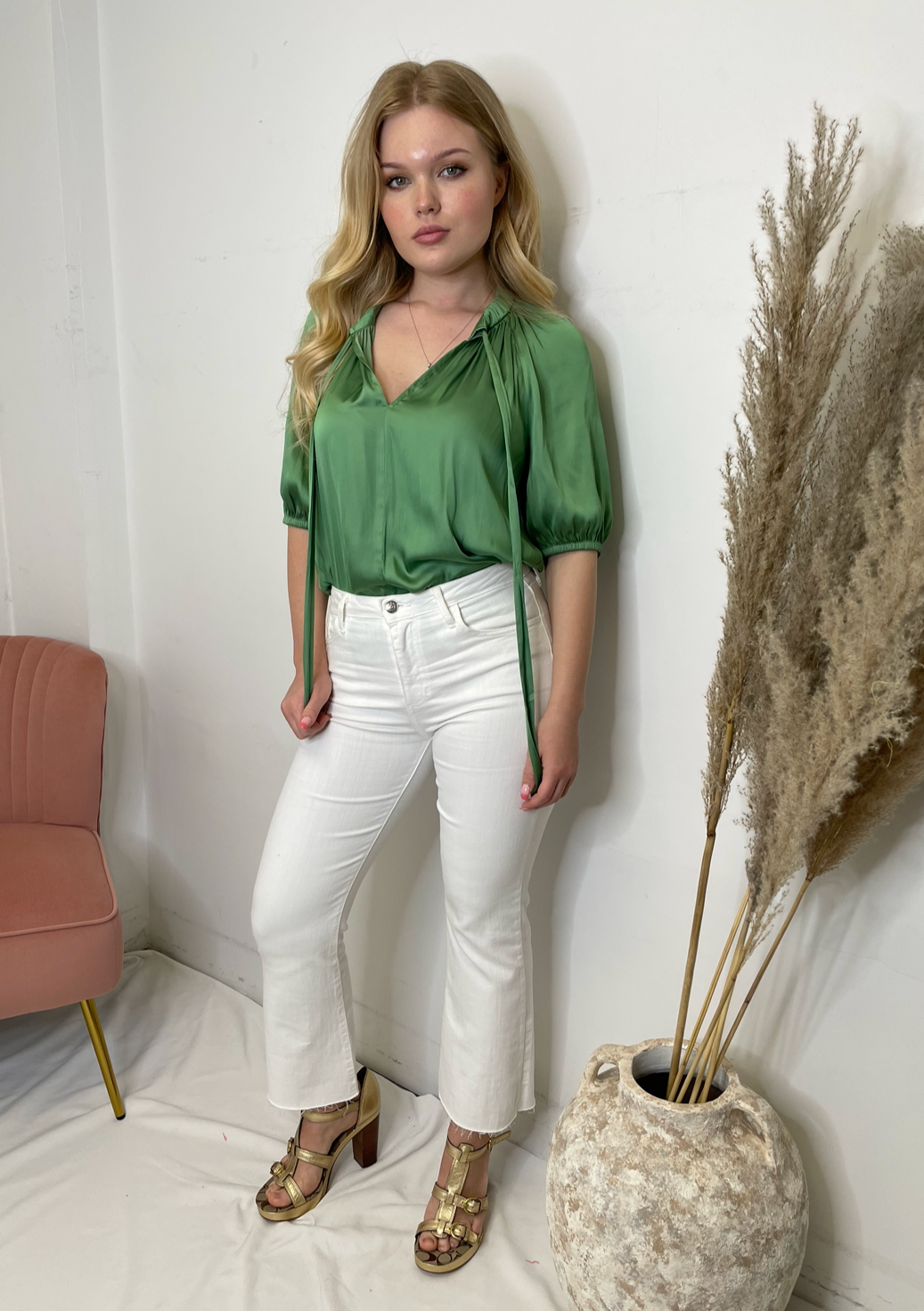 The Pink Door Open Neck Silky Blouse - Green