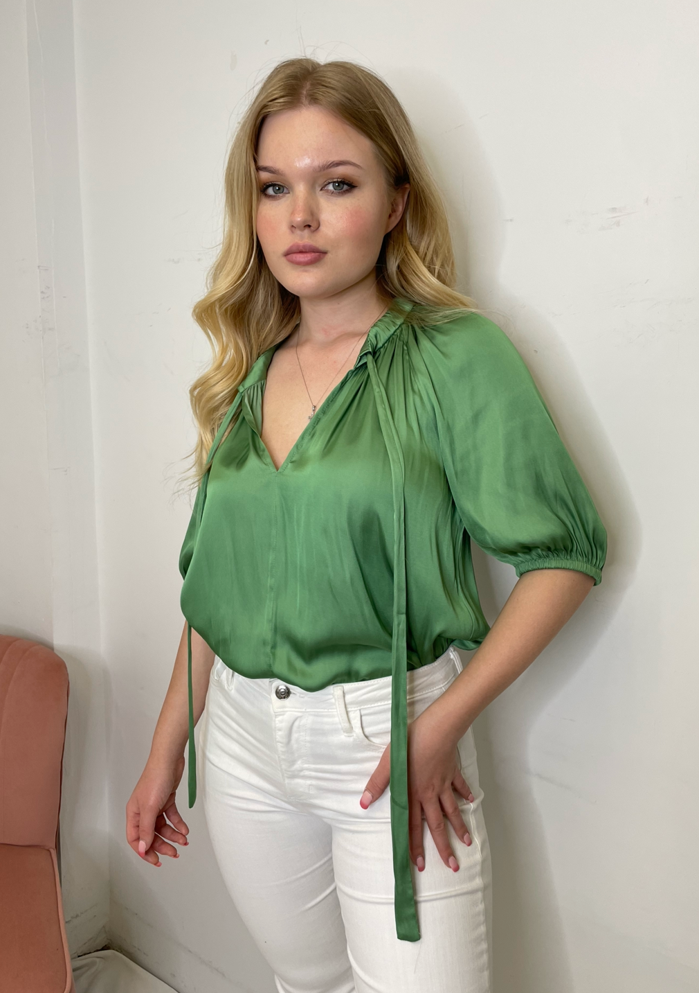 The Pink Door Open Neck Silky Blouse - Green