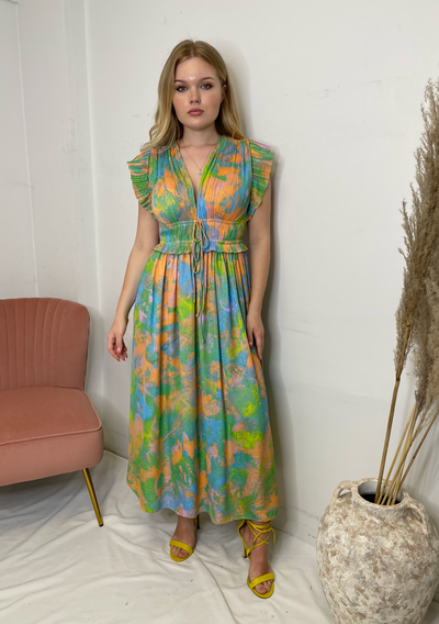 The Pink Door Abstract Print Long Pleated Dress - Multicolour