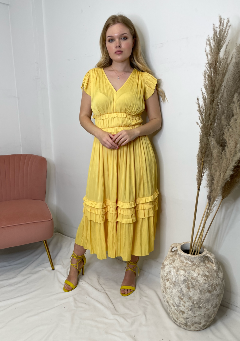 The Pink Door Long Ruffle Sleeve Dress - Yellow
