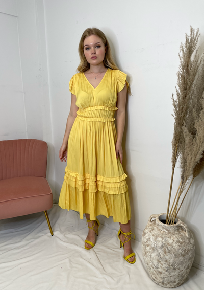 The Pink Door Long Ruffle Sleeve Dress - Yellow