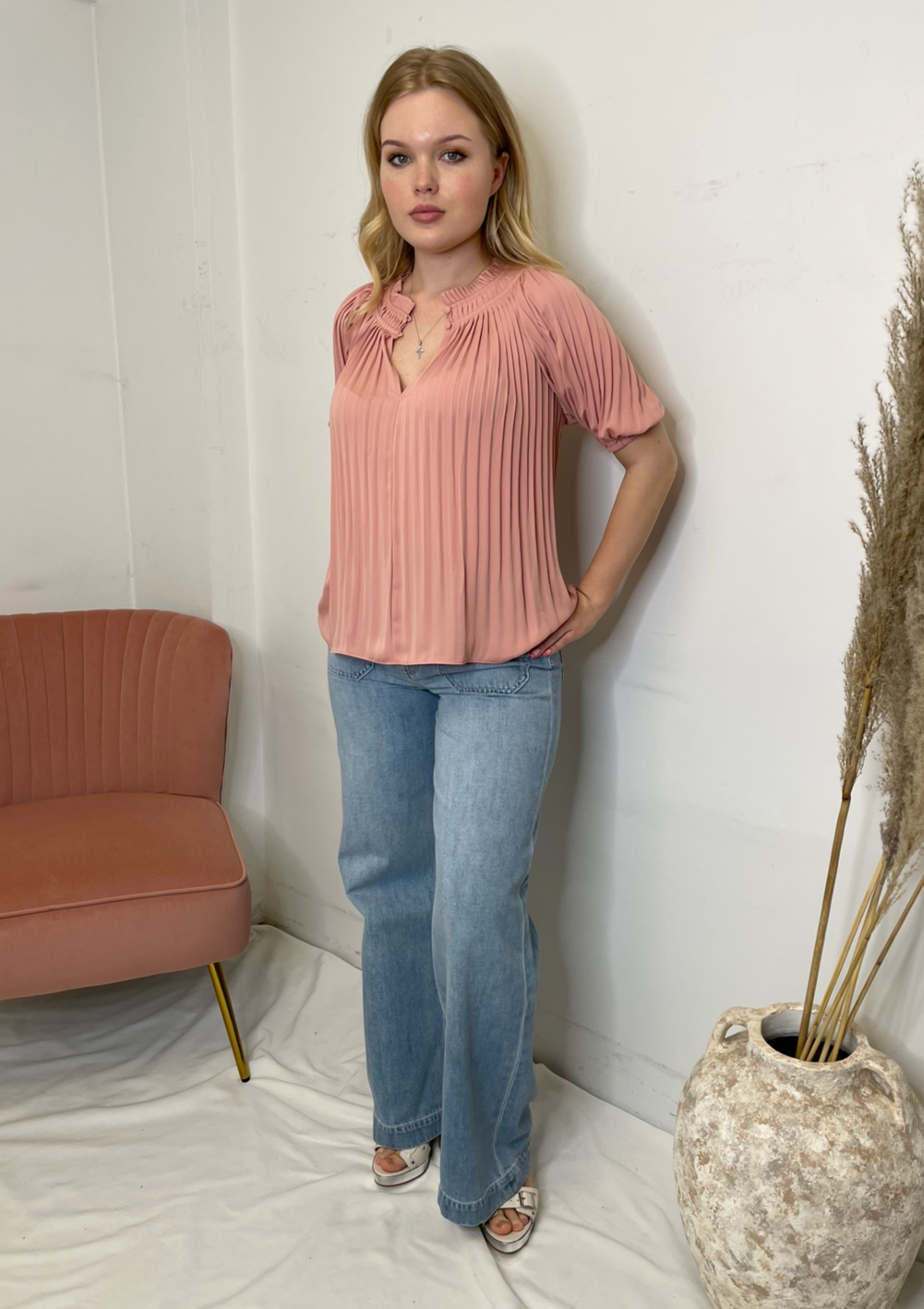 The Pink Door Pleated Open Neck Blouse - Blush