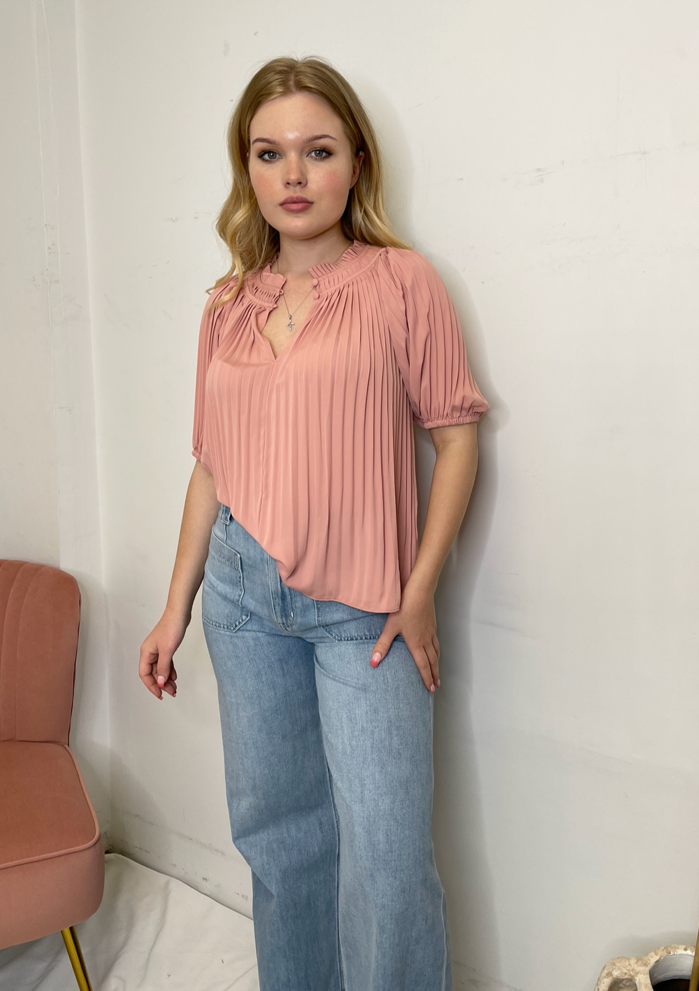 The Pink Door Pleated Open Neck Blouse - Blush