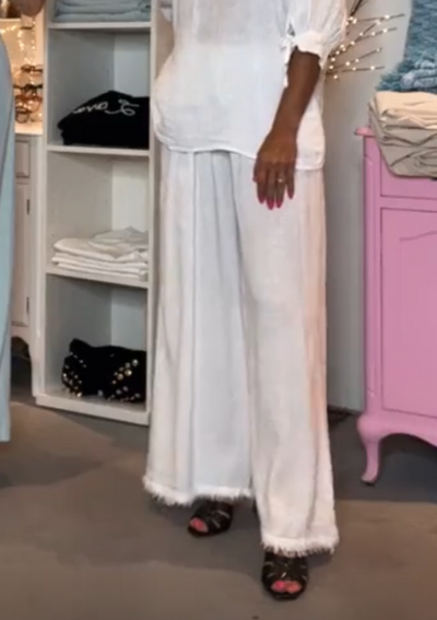 The Pink Door White Linen Pants w/ Frayed Detail
