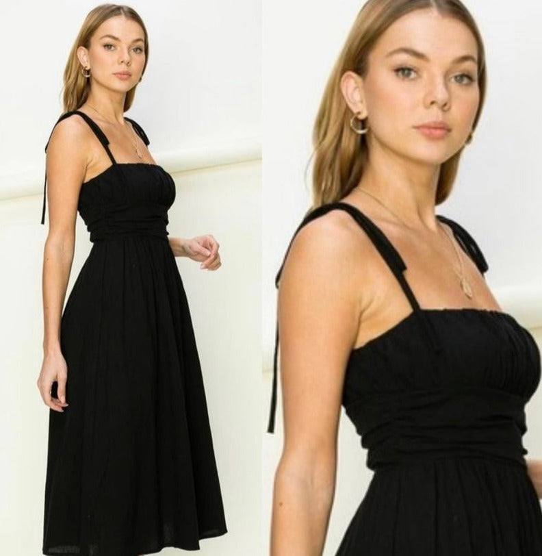 Ruched Detail Cotton Dress w/ Straps - Black