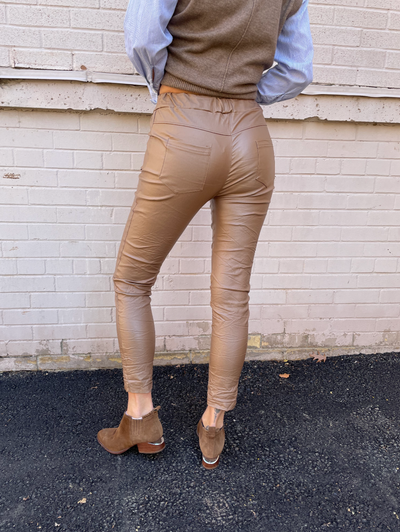 The Pink Door Faux Leather Jogger w/ Drawstring - Camel
