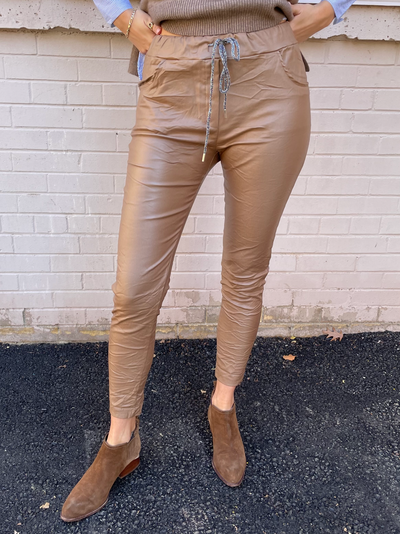 The Pink Door Faux Leather Jogger w/ Drawstring - Camel