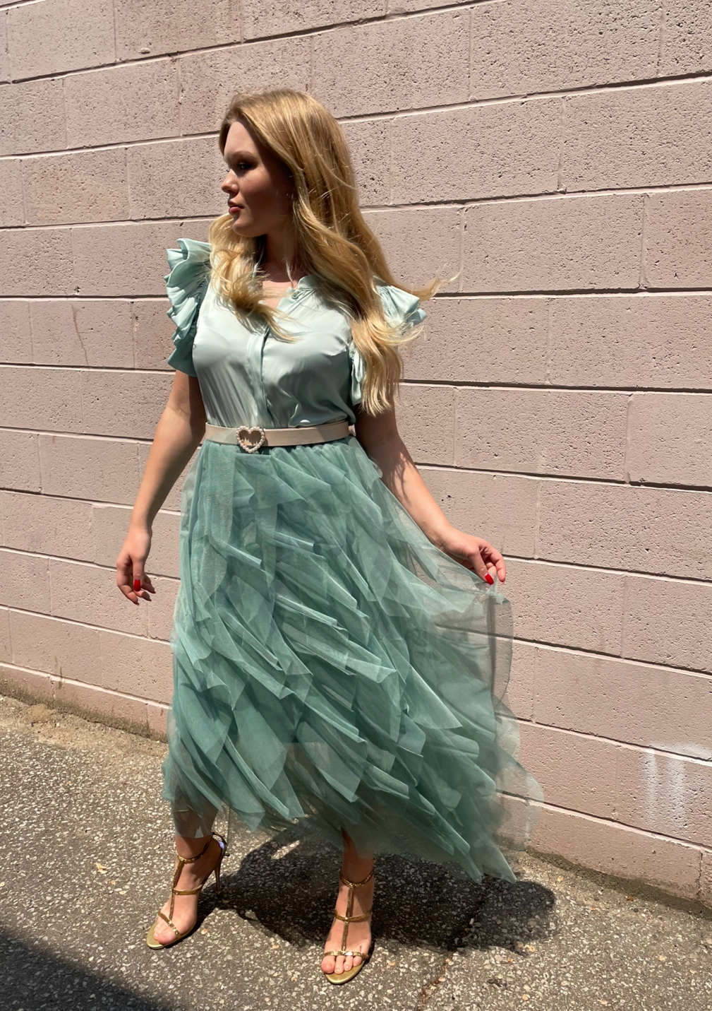 The Pink Door Tulle Midi Skirt - Mint