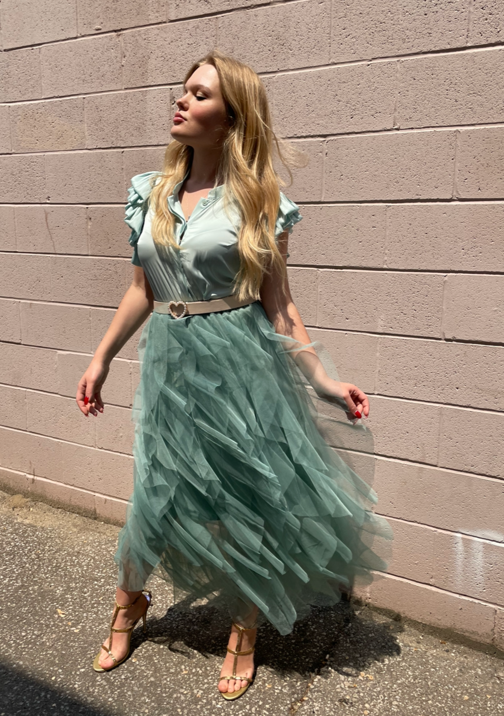 The Pink Door Tulle Midi Skirt - Mint