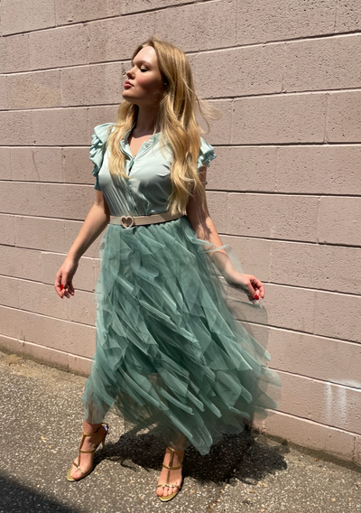 The Pink Door Tulle Midi Skirt - Mint