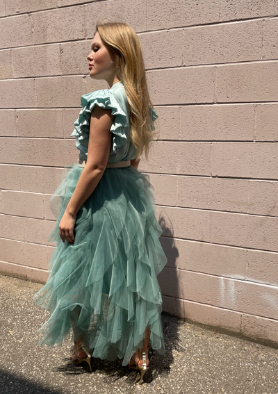 The Pink Door Tulle Midi Skirt - Mint