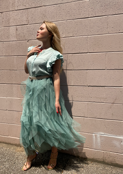 The Pink Door Tulle Midi Skirt - Mint