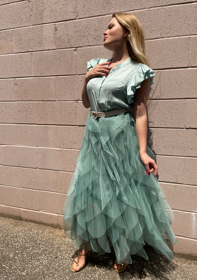 The Pink Door Tulle Midi Skirt - Mint