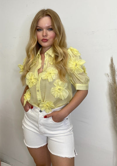The Pink Door Flower Embellished Blouse - Yellow