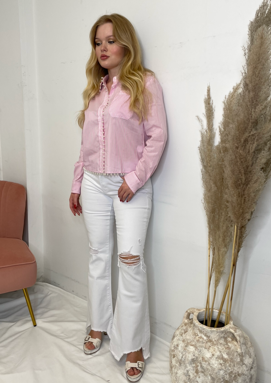 The Pink Door Stripe Button Down Top w/ Pearl Detail - Pink