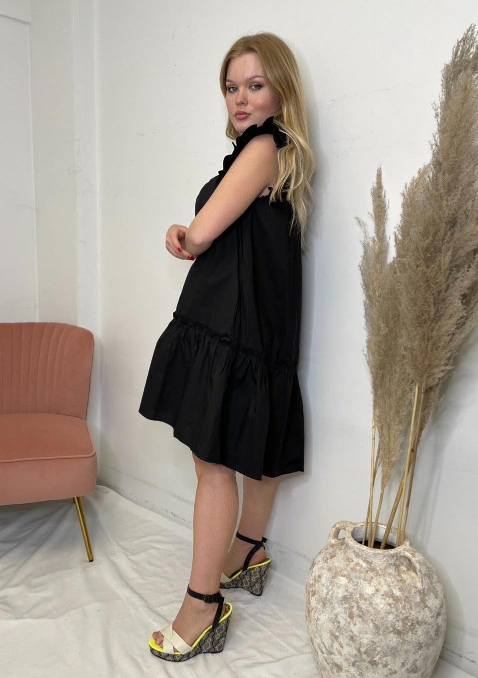 The Pink Door S/S High Neck Smocked Dress - Black