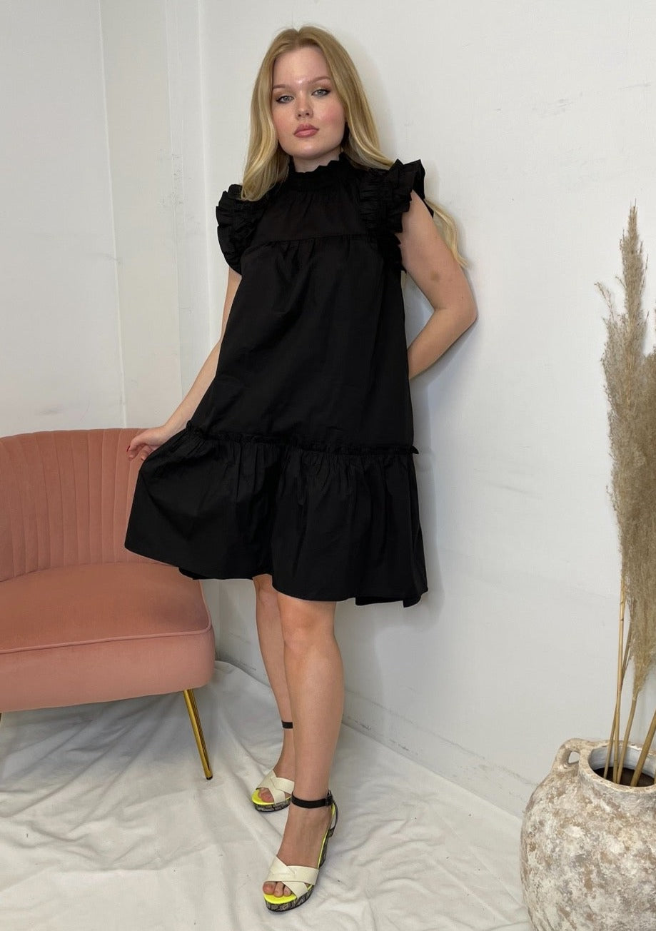 The Pink Door S/S High Neck Smocked Dress - Black