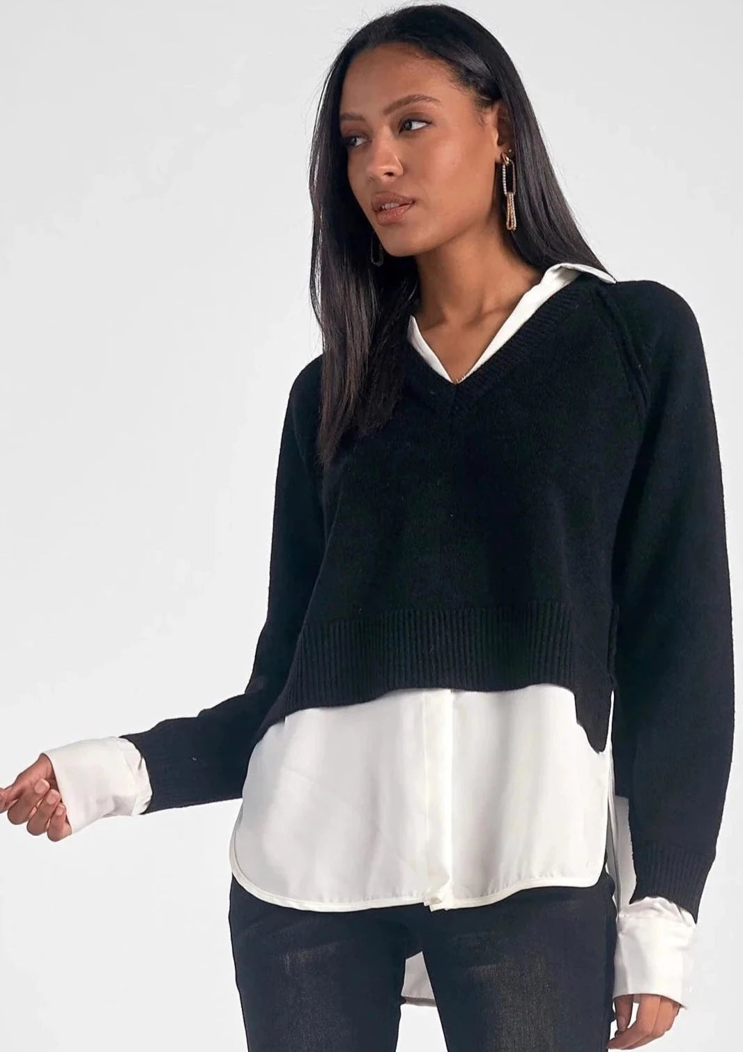 Elan L/S Shirt Sweater Combo Top - Black/White
