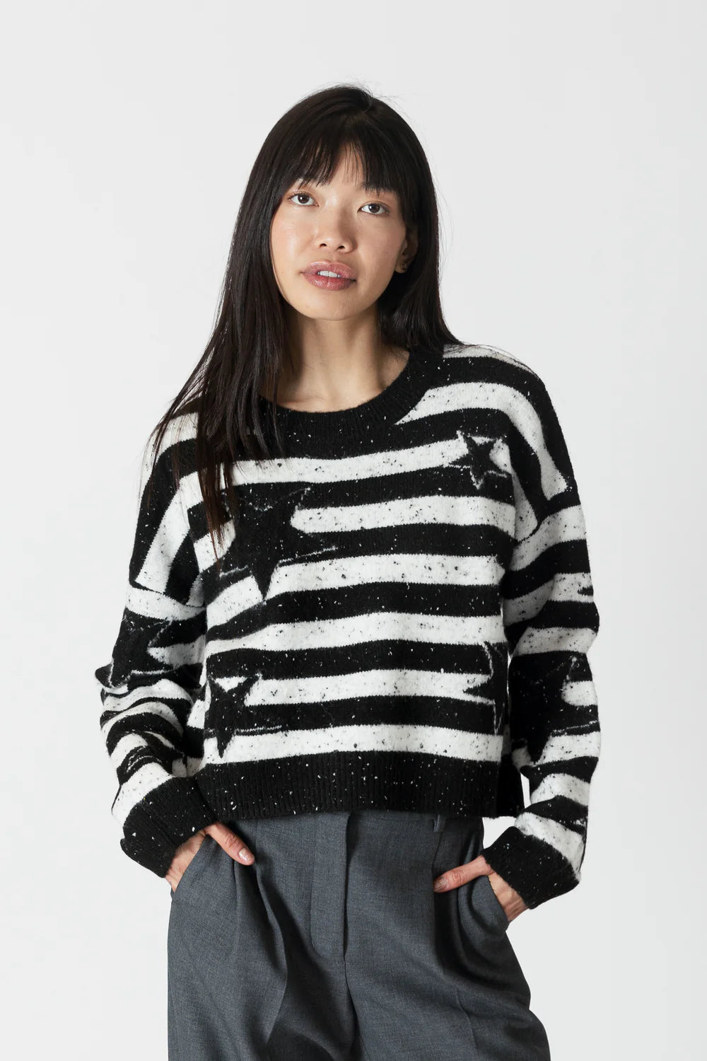 Lyla & Luxe Fleck Stars & Stripes Sweater White/Black
