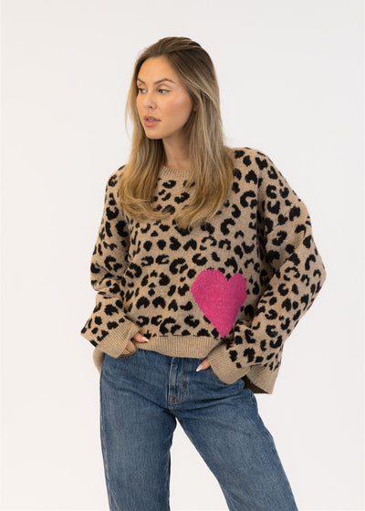 Lyla & Luxe Leopard Pull Over Sweater Camel/Black