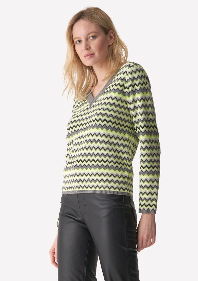 WISPR Cora Chevron V-neck Sweater - Grey/Neon