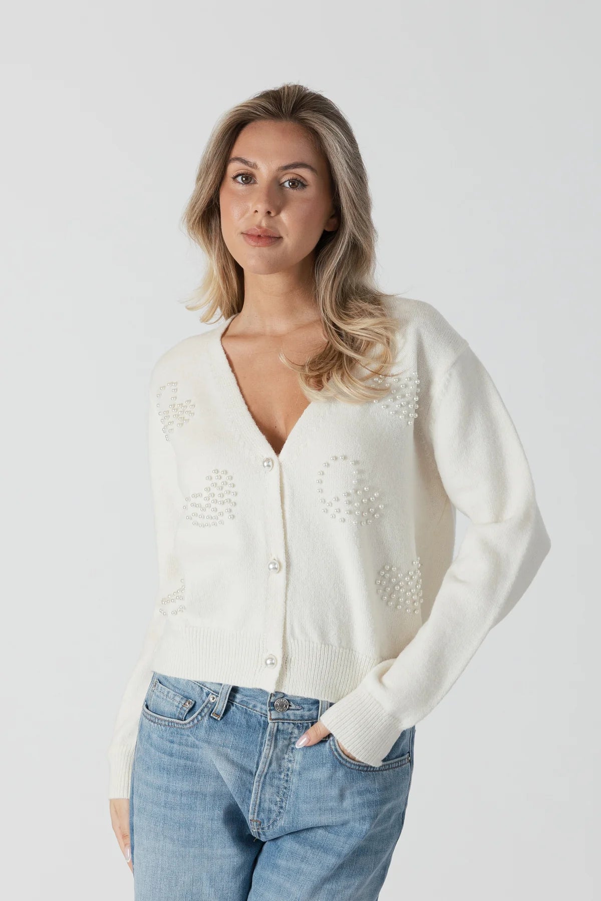 Lyla & Luxe Cardigan W/ Pearl Hearts Ivory