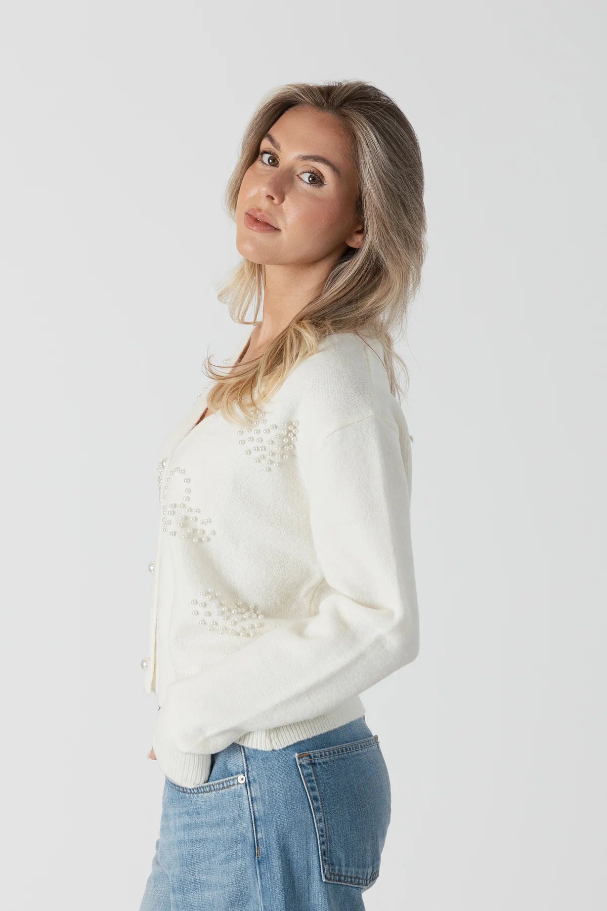 Lyla & Luxe Cardigan W/ Pearl Hearts Ivory