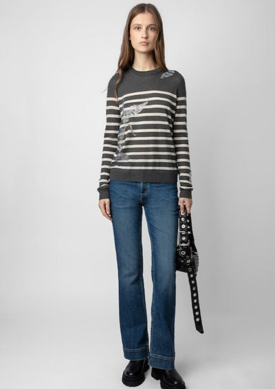 Zadig & Voltaire Embellished Striped Cashmere Sweater - Grey