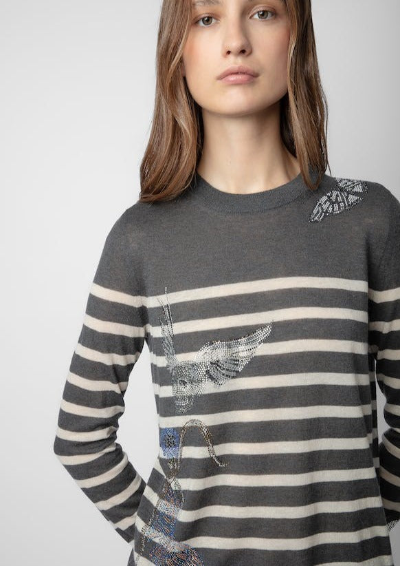 Zadig & Voltaire Embellished Striped Cashmere Sweater - Grey