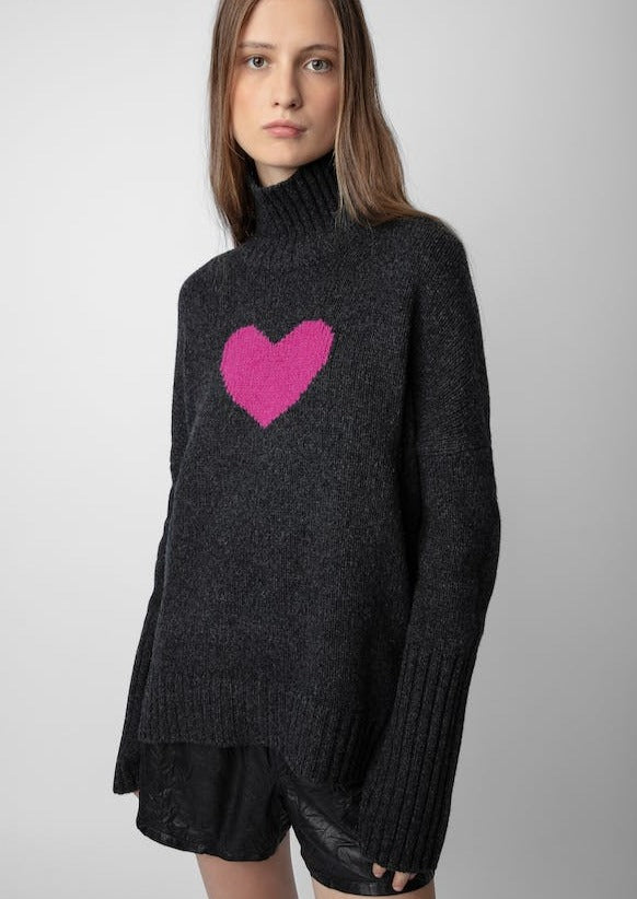 Zadig & Voltaire Magenta Heart Turtleneck Sweater - Charcoal