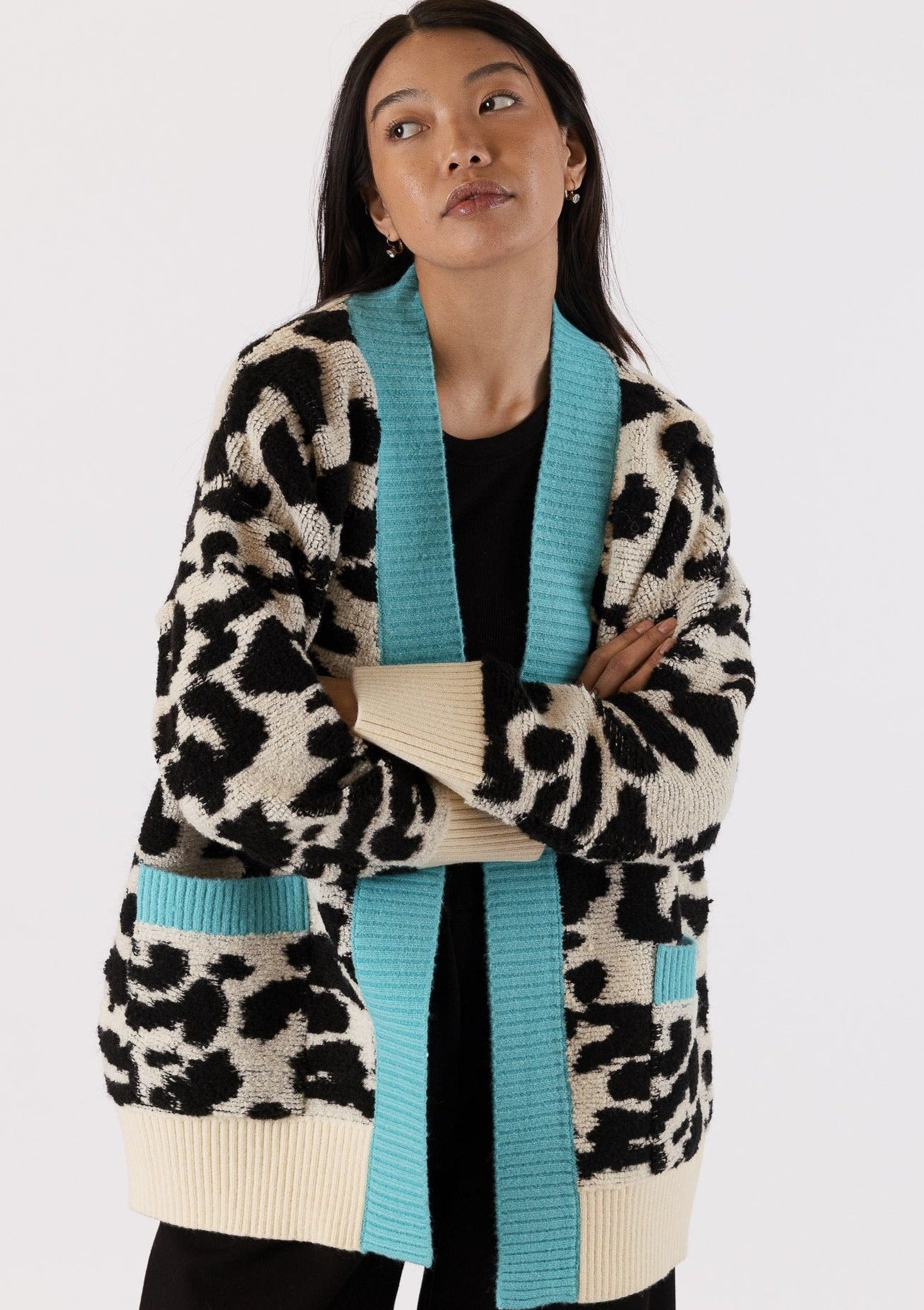 The Pink Door Animal Print Cardigan - Leopard/Teal