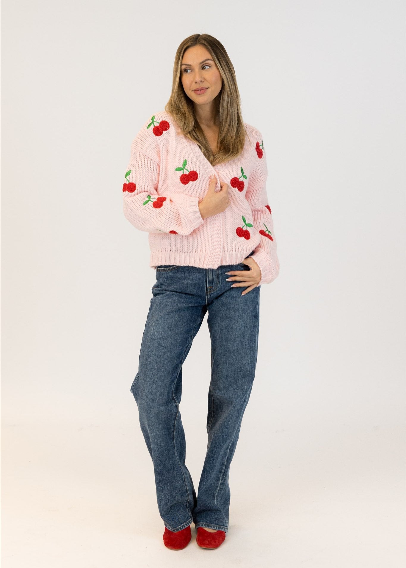 Lyla & Luxe Jumbo Cherry Cardi Sweater Pink/ Red
