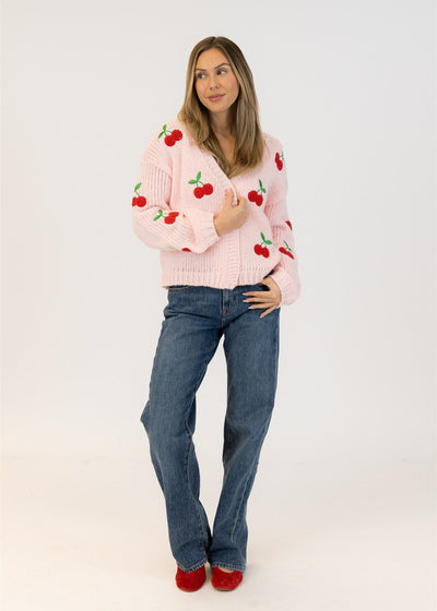 Lyla & Luxe Jumbo Cherry Cardi Sweater Pink/ Red