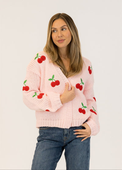 Lyla & Luxe Jumbo Cherry Cardi Sweater Pink/ Red