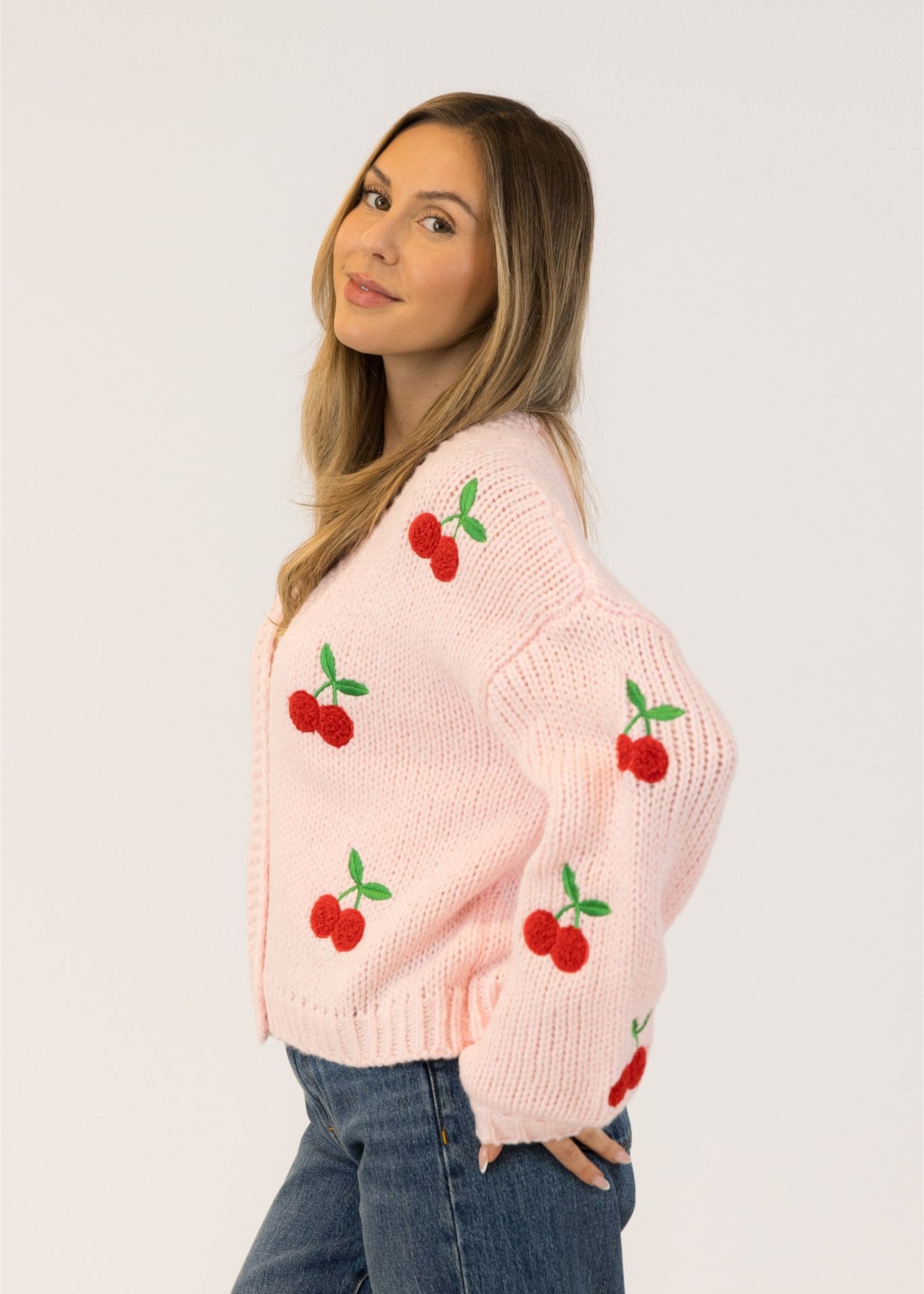 Lyla & Luxe Jumbo Cherry Cardi Sweater Pink/ Red