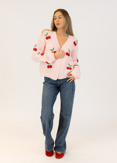 Lyla & Luxe Jumbo Cherry Cardi Sweater Pink/ Red