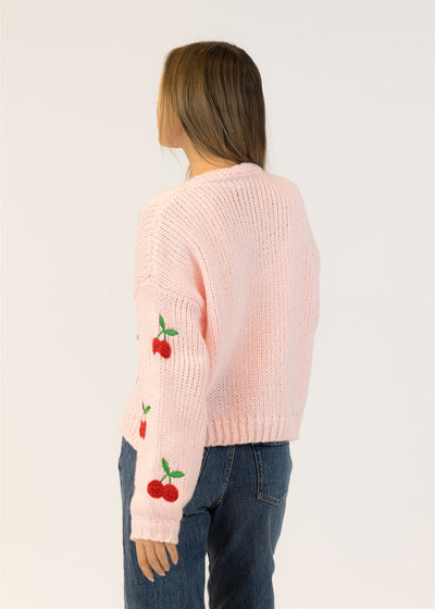Lyla & Luxe Jumbo Cherry Cardi Sweater Pink/ Red