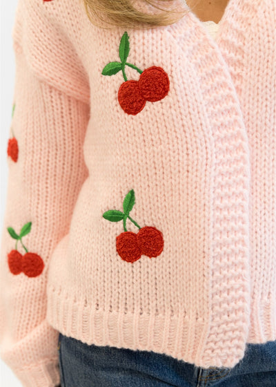 Lyla & Luxe Jumbo Cherry Cardi Sweater Pink/ Red