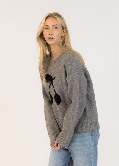 Lyla & Luxe Lou Cherry Crewneck Pullover Dark Grey