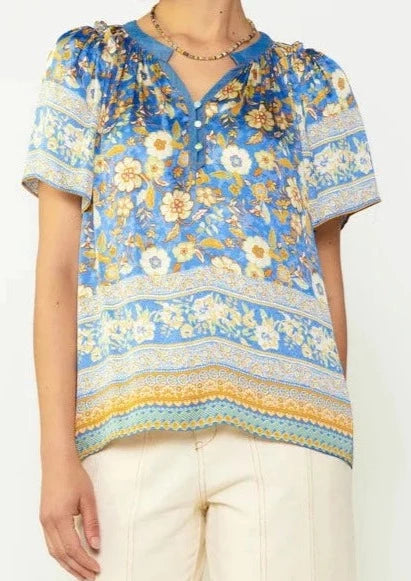 The Pink Door Floral Print Chambray Top - Blue