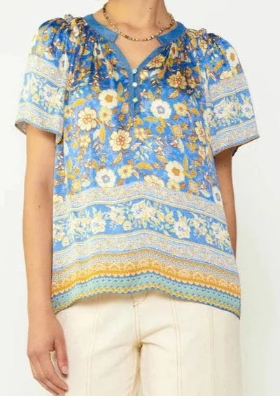 The Pink Door Floral Print Chambray Top - Blue