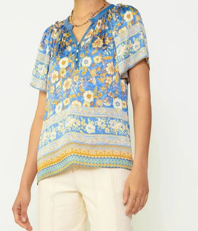 The Pink Door Floral Print Chambray Top - Blue