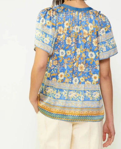 The Pink Door Floral Print Chambray Top - Blue