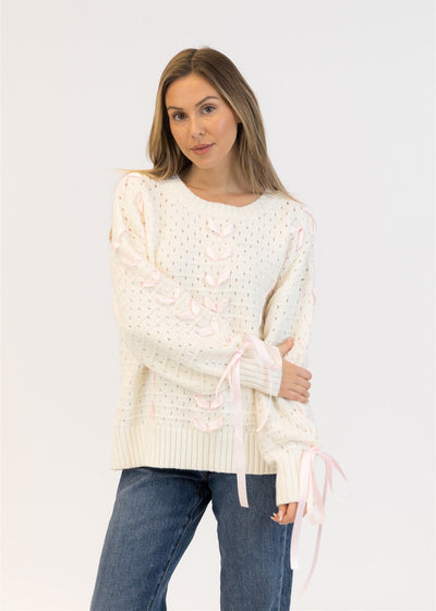 Lyla & Luxe Lydia Ribbon Crewneck Pullover White