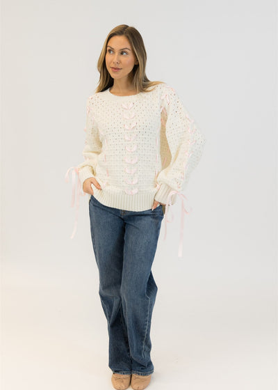 Lyla & Luxe Lydia Ribbon Crewneck Pullover White