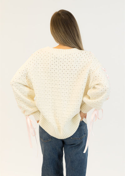 Lyla & Luxe Lydia Ribbon Crewneck Pullover White