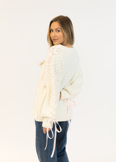 Lyla & Luxe Lydia Ribbon Crewneck Pullover White