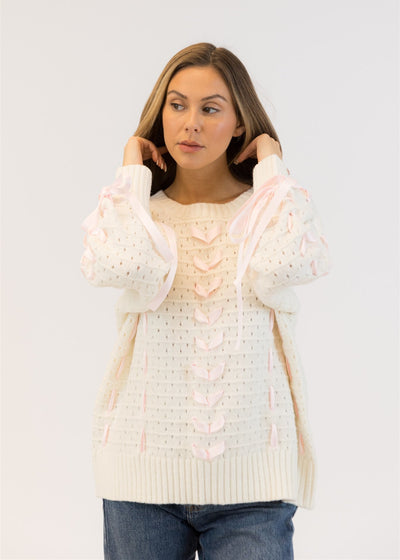 Lyla & Luxe Lydia Ribbon Crewneck Pullover White
