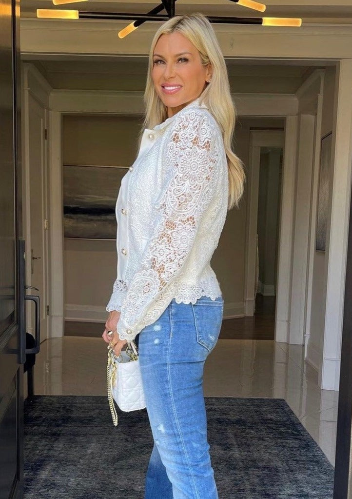 The Pink Door Lace w/ Pearl Buttons Jacket - White